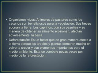 • Organismos vivos: Animales de pastoreo como los
vacunos son beneficiosos para la vegetación. Sus heces
abonan la tierra. Los caprinos, con sus pezuñas y su
manera de obtener su alimento erosionan, afectan
adversamente, la tierra.
• Deforestación: Es un factor que en gran manera afecta a
la tierra porque los árboles y plantas demoran mucho en
volver a crecer y son elementos importantes para el
medio ambiente. Esta se combate pocas veces por
medio de la reforestación.
 