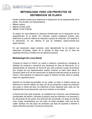 DISTRIBUCION DE PLANTA Y MANEJO DE MATERIALES
UNIVERSIDAD DE LOS ANGELES
METODOLOGIA PARA LOS PROYECTOS DE
DISTRIBUCION DE PLANTA
Existen distintos medios para determinar la disposición de los departamentos en la
planta. Tres de ellos son representativos:
 Método espiral.
 Método en línea recta
 Método Travel Charting.
El estudio de esos métodos se relaciona directamente con la disposición de los
departamentos en la planta. Sin embargo, pueden emplearse también para
determinar la posición relativa de máquinas o grupos de máquinas. Con respecto a
la disposición, no nos interesa la que se establece según producto sino
según proceso.
En una disposición según producto, cada departamento ha de disponer sus
estaciones de trabajo, dentro de lo posible en línea recta, por lo tanto las
siguientes técnicas y modelos son de aplicación general.
Metodología De Línea Recta
Consiste en reducir al mínimo, en cuanto a distancia y volumen por manejarse, la
totalidad de producto y mercancía que atraviesan en área de fabricación. Si lo
departamentos de disponen de forma tal que cada producto o grupo de producto
que circulan por los departamentos puedan moverse en línea recta desde el
comienzo hasta el fin de las operaciones, la distancia total del manejo se acerca al
mínimo. Para planificar la disposición según el método de línea recta es posible
seguir los siguientes pasos.
Además de los datos secuenciales en los cuales se basa el método espiral, se
determina el volumen relativo de cada uno de los productos o clases de productos
que pasan a través del área. Se determina el área requerida para cada uno del
departamento de procesamiento que ha de incluirse en el análisis.
en función del área total requerida, se establecen los contornos y las dimensiones
provisionales del edificio, indicando el espacio para las columnas si es necesario y
las direcciones de las partes. Esa dirección del movimiento a lo largo de una línea
recta, puede representarse por una serie de líneas paralelas, cada una de las
cuales significa uno del grupo de productos que fluye de izquierda a derecha a
través del edificio previsto o el área de producción.
 
