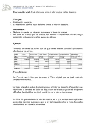 DISTRIBUCION DE PLANTA Y MANEJO DE MATERIALES
UNIVERSIDAD DE LOS ANGELES
Depreciación total.- Es la diferencia entre el valor original y el de desecho.
Ventajas:
 Distribución constante.
 El método nos permite llegar de forma simple al valor de desecho.
Desventajas:
 No toma en cuenta los intereses que genera el fondo de reserva.
 No toma en cuenta que los activos fijos tienden a depreciarse en una mayor
proporción en los primeros años que en los últimos.
Ejemplo:
Tomando en cuenta los activos con los que cuenta "el buen consultor" aplicaremos
el método a los activos.
Procedimiento:
La Formula nos indica que tomemos el Valor original que es igual costo de
adquisición del activo.
Al Valor original de activo, le disminuiremos el Valor de desecho. (Recuerden que
representa la cantidad del costo de adquisición de un activo fijo que se recuperará
al finalizar la vida útil de servicio), quedándonos el valor a depreciarse:
La Vida útil que señalaremos para los activos, es la que nos resulta de aplicar los
porcientos máximos autorizados por la ley del impuesto sobre la renta, los cuales
analizaremos en capítulos posteriores.
 