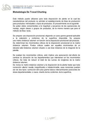 DISTRIBUCION DE PLANTA Y MANEJO DE MATERIALES
UNIVERSIDAD DE LOS ANGELES
Metodología De Travel Charting
Este método puede utilizarse para toda disposición de planta en la cual las
características del producto no admiten el establecimiento de línea de producción
para productos individuales o tipos de productos. El procedimiento es el siguiente:
Se juntan datos concernientes a la magnitud y secuencia de las operaciones de
manejo, según clases o grupos de productos, de la misma manera que para el
método de línea recta.
Se prepara una disposición provisional, eligiendo un curso grama general aplicable
a la extensión y contornos de la superficie disponible. Se prepara
una matriz distancia volumen en función de la disposición provisional del producto.
Se determinan los movimientos críticos de la disposición provisional en la matriz
distancia volumen. Puntos críticos suelen ser aquellos movimientos de un
elevado valor distancia volumen situado a una leve distancia de la diagonal de la
planilla.
Se evalúan los movimientos críticos, esto implica una apreciación del efecto de
cambiar la ubicación de los departamentos que intervienen en los movimientos
críticos. Se trata de reducir el total de las sumas de renglones de la matriz
distancia volumen.
Se revisa la matriz distancia volumen y la disposición de la planta hasta que toda
corrección ulterior resulte insignificante e indeterminable, esas revisiones pueden
ser de dos tipos: corrección del curso grama básico intercambiando posiciones de
áreas departamentales o nuevo diseño de los contornos de la superficie.
 