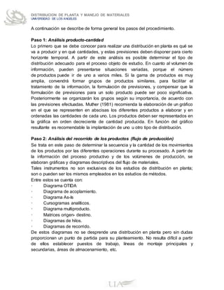 DISTRIBUCION DE PLANTA Y MANEJO DE MATERIALES
UNIVERSIDAD DE LOS ANGELES
A continuación se describe de forma general los pasos del procedimiento.
Paso 1: Análisis producto-cantidad
Lo primero que se debe conocer para realizar una distribución en planta es qué se
va a producir y en qué cantidades, y estas previsiones deben disponer para cierto
horizonte temporal. A partir de este análisis es posible determinar el tipo de
distribución adecuado para el proceso objeto de estudio. En cuanto al volumen de
información, pueden presentarse situaciones variadas, porque el número
de productos puede ir de uno a varios miles. Si la gama de productos es muy
amplia, convendrá formar grupos de productos similares, para facilitar el
tratamiento de la información, la formulación de previsiones, y compensar que la
formulación de previsiones para un solo producto puede ser poco significativa.
Posteriormente se organizarán los grupos según su importancia, de acuerdo con
las previsiones efectuadas. Muther (1981) recomienda la elaboración de un gráfico
en el que se representen en abscisas los diferentes productos a elaborar y en
ordenadas las cantidades de cada uno. Los productos deben ser representados en
la gráfica en orden decreciente de cantidad producida. En función del gráfico
resultante es recomendable la implantación de uno u otro tipo de distribución.
Paso 2: Análisis del recorrido de los productos (flujo de producción)
Se trata en este paso de determinar la secuencia y la cantidad de los movimientos
de los productos por las diferentes operaciones durante su procesado. A partir de
la información del proceso productivo y de los volúmenes de producción, se
elaboran gráficas y diagramas descriptivos del flujo de materiales.
Tales instrumentos no son exclusivos de los estudios de distribución en planta;
son o pueden ser los mismos empleados en los estudios de métodos.
Entre estos se cuenta con:
· Diagrama OTIDA
· Diagrama de acoplamiento.
· Diagrama As-Is
· Cursogramas analíticos.
· Diagrama multiproducto.
· Matrices origen- destino.
· Diagramas de hilos.
· Diagramas de recorrido.
De estos diagramas no se desprende una distribución en planta pero sin dudas
proporcionan un punto de partida para su planteamiento. No resulta difícil a partir
de ellos establecer puestos de trabajo, líneas de montaje principales y
secundarias, áreas de almacenamiento, etc.
 