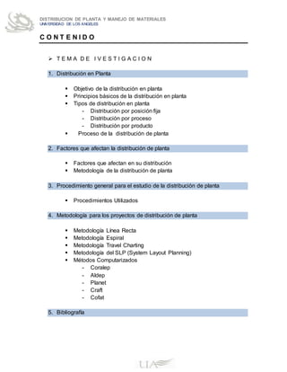 DISTRIBUCION DE PLANTA Y MANEJO DE MATERIALES
UNIVERSIDAD DE LOS ANGELES
C O N T E N I D O
 T E M A D E I V E S T I G A C I O N
1. Distribución en Planta
 Objetivo de la distribución en planta
 Principios básicos de la distribución en planta
 Tipos de distribución en planta
- Distribución por posición fija
- Distribución por proceso
- Distribución por producto
 Proceso de la distribución de planta
2. Factores que afectan la distribución de planta
 Factores que afectan en su distribución
 Metodología de la distribución de planta
3. Procedimiento general para el estudio de la distribución de planta
 Procedimientos Utilizados
4. Metodología para los proyectos de distribución de planta
 Metodología Línea Recta
 Metodología Espiral
 Metodología Travel Charting
 Metodología del SLP (System Layout Planning)
 Métodos Computarizados
- Coralep
- Aldep
- Planet
- Craft
- Cofat
5. Bibliografía
 