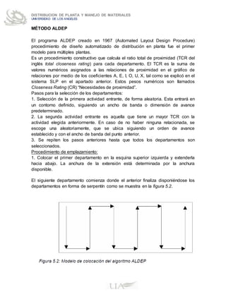DISTRIBUCION DE PLANTA Y MANEJO DE MATERIALES
UNIVERSIDAD DE LOS ANGELES
MÉTODO ALDEP
El programa ALDEP creado en 1967 (Automated Layout Design Procedure)
procedimiento de diseño automatizado de distribución en planta fue el primer
modelo para múltiples plantas.
Es un procedimiento constructivo que calcula el ratio total de proximidad (TCR del
inglés total closeness rating) para cada departamento. El TCR es la suma de
valores numéricos asignados a las relaciones de proximidad en el gráfico de
relaciones por medio de los coeficientes A, E, I, O, U, X, tal como se explicó en el
sistema SLP en el apartado anterior. Estos pesos numéricos son llamados
Closeness Rating (CR) “Necesidades de proximidad”.
Pasos para la selección de los departamentos:
1. Selección de la primera actividad entrante, de forma aleatoria. Esta entrará en
un contorno definido, siguiendo un ancho de banda o dimensión de avance
predeterminado.
2. La segunda actividad entrante es aquella que tiene un mayor TCR con la
actividad elegida anteriormente. En caso de no haber ninguna relacionada, se
escoge una aleatoriamente, que se ubica siguiendo un orden de avance
establecido y con el ancho de banda del punto anterior.
3. Se repiten los pasos anteriores hasta que todos los departamentos son
seleccionados.
Procedimiento de emplazamiento:
1. Colocar el primer departamento en la esquina superior izquierda y extenderla
hacia abajo. La anchura de la extensión está determinada por la anchura
disponible.
El siguiente departamento comienza donde el anterior finaliza disponiéndose los
departamentos en forma de serpentín como se muestra en la figura 5.2.
 