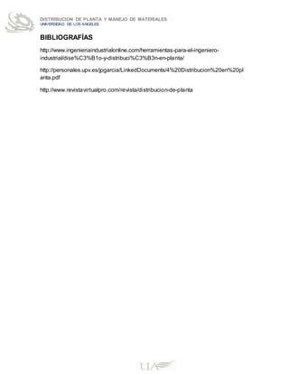 DISTRIBUCION DE PLANTA Y MANEJO DE MATERIALES
UNIVERSIDAD DE LOS ANGELES
BIBLIOGRAFÍAS
http://www.ingenieriaindustrialonline.com/herramientas-para-el-ingeniero-
industrial/dise%C3%B1o-y-distribuci%C3%B3n-en-planta/
http://personales.upv.es/jpgarcia/LinkedDocuments/4%20Distribucion%20en%20pl
anta.pdf
http://www.revistavirtualpro.com/revista/distribucion-de-planta
 