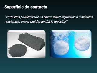 Superficie de contacto
“Entre más partículas de un solido estén expuestas a moléculas
reactantes, mayor rapidez tendrá la reacción”
 