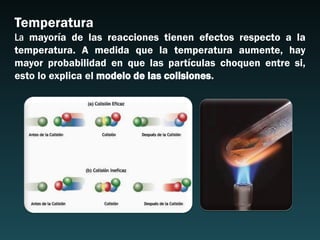 Temperatura
La mayoría de las reacciones tienen efectos respecto a la
temperatura. A medida que la temperatura aumente, hay
mayor probabilidad en que las partículas choquen entre si,
esto lo explica el modelo de las colisiones.
 