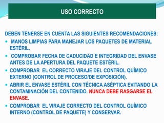 INTERRUMPIR EL USO DE:PAPELES RECICLADOS: No se controla pH, humedad, resistencia al desgarro, porosidad, ni concentración de almidón.POLIETILENO. TELAS TEJIDAS A MENOS QUE REUNAN LAS CARACTERÍSTICAS NECESARIASNUNCA:REUSAR UN  EMPAQUE EMPAQUES