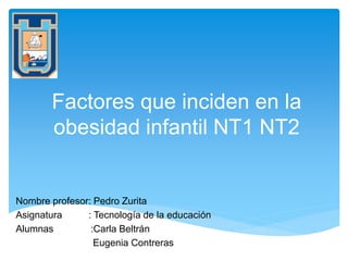 Factores que inciden en la
obesidad infantil NT1 NT2
Nombre profesor: Pedro Zurita
Asignatura : Tecnología de la educación
Alumnas :Carla Beltrán
Eugenia Contreras
 