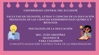 UNIVERSIDAD CENTRAL DEL ECUADOR


FACULTAD DE FILOSOFÍA, LETRAS Y CIENCIAS DE LA EDUCACIÓN
PEDAGOGÍA DE LAS CIENCIAS EXPERIMENTALES QUÍMICA Y
BIOLOGÍA


PSICOLOGÍA DE LA EDUCACIÓN


MSC. IVÁN ORDÓÑEZ
SEGUNDO B
YARA CALDERÓN
CONCEPTUALIZACIÓN Y ESTRUCTURA DE LA PERSONALIDAD




 