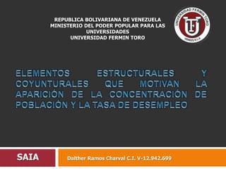 REPUBLICA BOLIVARIANA DE VENEZUELA
       MINISTERIO DEL PODER POPULAR PARA LAS
                   UNIVERSIDADES
             UNIVERSIDAD FERMIN TORO




SAIA        Dalther Ramos Charval C.I. V-12.942.699
 