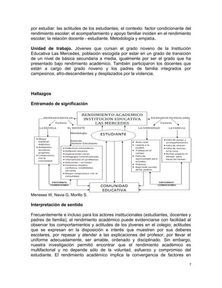 por estudiar: las actitudes de los estudiantes; el contexto: factor condicionante del
rendimiento escolar; el acompañamiento y apoyo familiar inciden en el rendimiento
escolar; la relación docente - estudiante. Metodología y empatía.
Unidad de trabajo. Jóvenes que cursan el grado noveno de la Institución
Educativa Las Mercedes, población escogida por estar en un grado de transición
de un nivel de básica secundaria a media, igualmente por ser el grado que ha
presentado bajo rendimiento académico. También participaron los docentes que
están a cargo del grado noveno y los padres de familia integrados por
campesinos, afro-descendientes y desplazados por la violencia.
Hallazgos
Entramado de significación
Meneses W, Navia G, Morillo S.
Interpretación de sentido
Frecuentemente e incluso para los actores institucionales (estudiantes, docentes y
padres de familia), el rendimiento académico puede evidenciarse con facilidad al
observar los comportamientos y actitudes de los jóvenes en el colegio; actitudes
que se expresan en la disposición e interés que muestren por sus deberes
escolares, por repasar y atender a las explicaciones del profesor, por llevar el
uniforme adecuadamente, ser amable, ordenado y disciplinado. Sin embargo,
nuestra investigación permitió encontrar que el rendimiento académico es
multifactorial y no depende sólo de la voluntad, esfuerzo y compromiso del
estudiante. El rendimiento académico implica la convergencia de factores en
7
 