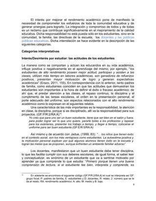 El interés por mejorar el rendimiento académico pone de manifiesto la
necesidad de comprometer los esfuerzos de toda la comunidad educativa y de
generar sinergias para lograrlo. La integración y compromiso de todos y de todas
es un reclamo que contribuye significativamente en el mejoramiento de la calidad
educativa. Dicha responsabilidad no está puesta sólo en los estudiantes, sino en la
comunidad, la familia, las directivas de la escuela, los docentes y las políticas
públicas educativas. Dicha interrelación se hace evidente en la descripción de las
siguientes categorías.
Categorías interpretativas
Interés/Desinterés por estudiar: las actitudes de los estudiantes
La manera como se comportan y actúan los educandos en su vida académica,
influye positiva o negativamente en el aprendizaje del mismo; por ejemplo, “los
estudiantes de alto rendimiento poseen mejor actitud, participan y asisten a las
clases, utilizan más tiempo en labores académicas, son ganadores de refuerzos
positivos, presentan mayor motivación de logro y generan expectativas
académicas” (Erazo, 2011, 155). En correspondencia con lo anterior, tanto padres
de familia, como estudiantes coinciden en que las actitudes que demuestran los
estudiantes son importantes a la hora de definir el éxito o fracaso académico; de
ahí que, el prestar atención a las clases, el repaso continuo, la disciplina y el
cumplimento de las tareas escolares, el orden en la presentación personal, el
porte adecuado del uniforme, son aspectos relacionados con el alto rendimiento
académico como lo expresan en el siguientes relatos.
Una característica de las más importantes es la responsabilidad, la atención
en clase, la disciplina, porque si es disciplinado, allí va la responsabilidad para sus
proyectos. (GF:P/R:2/RA:A)10
Yo creo que para uno ser un buen estudiante, tiene que ser bien en el salón y fuera,
para poder lograr ser lo que uno quiere, pararle bolas a los profesores y repasar
para los exámenes, presentar los trabajo a tiempo, y llegar a tiempo, colocarse el
uniforme para ser buen estudiante.(GF:E/R:5/RA:A)
Así mismo y de acuerdo con Jadue, (1999, 83): “… los niños que tienen éxito
en el contexto social, son los más ventajosos como estudiantes. La autoestima positiva y
la motivación personal explican por qué algunos alumnos tienen éxito en la escuela y
logran las metas que se proponen, aunque enfrenten un ambiente familiar adverso”.
Los docentes, manifestaron que un buen estudiante debe tener disciplina,
lo que les facilita cumplir con sus deberes escolares; de igual forma, el saber leer
y conceptualizar, es sinónimo de un estudiante que va a sentirse motivado por
aprender ya que comprende lo que estudia: “Primero porque tienen una buena
comprensión de lectura, si el estudiante lee bien, interpreta y comprende, es
10
En adelante se encontrara el siguiente código (GF:P/R:2/RA:A) el cual se interpreta así GF:
grupo focal; P: padres de familia, E: estudiantes y D: docentes; R: relato; 2: número que se le
da al relato; RA: rendimiento académico; A: alto; M: medio y B: bajo.
9
 