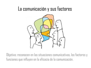La comunicación y sus factores
Objetivo: reconocen en las situaciones comunicativas, los factores y
funciones que influyen en la eficacia de la comunicación.
 