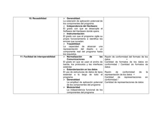 10. Reusabilidad              Generalidad:
                                     La extensión de aplicación potencial de
                                     los componentes del programa.
                                      Independencia del Hardware:
                                     El grado con que se desacopla el
                                     Software del Hardware donde opera.
                                      Instrumentación:
                                     El grado con que el programa vigila su
                                     propio funcionamiento e identifica los
                                     errores que suceden.
                                      Trazabilidad:
                                     La capacidad de alcanzar una
                                     representación del diseño o un
                                     componente real del programa hasta
                                     los requisitos.
11. Facilidad de interoperabilidad    Normalización           de        las   Razón de conformidad del formato de los
                                         Comunicaciones                        datos              =
                                     El grado en que se usan el ancho de       Cantidad de formatos de los datos en
                                     banda, los protocolos y las interfaces    conformidad / Cantidad de formatos de
                                     estándar                                  datos
                                      Estandarización en los datos
                                     El uso de estructuras de datos de tipos   Razón     de     conformidad      de   la
                                     estándar a lo largo de todo el            representación de los datos =
                                     programa.                                 Cantidad     de     representaciones  en
                                      Generalidad                             conformidad /
                                         La amplitud de aplicación potencial   Cantidad de representaciones de datos
                                         de los componentes del programa
                                      Modularidad
                                         La independencia funcional de los
                                         componentes del programa
 