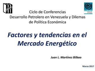 Ciclo de Conferencias
Desarrollo Petrolero en Venezuela y Dilemas
de Política Económica
Factores y tendencias en el
Mercado Energético
Juan L. Martínez Bilbao
Marzo 2017
 