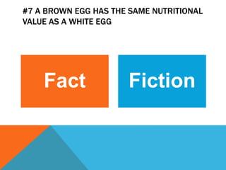 #7 A BROWN EGG HAS THE SAME NUTRITIONAL
VALUE AS A WHITE EGG
Fact Fiction
 