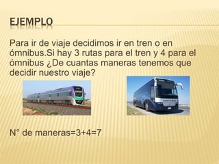 EJEMPLO
Para ir de viaje decidimos ir en tren o en
ómnibus.Si hay 3 rutas para el tren y 4 para el
ómnibus ¿De cuantas maneras tenemos que
decidir nuestro viaje?
N° de maneras=3+4=7
 
