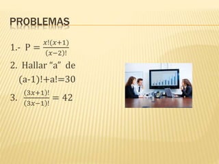 PROBLEMAS
1.- P =
𝑥!(𝑥+1)
𝑥−2 !
2. Hallar “a” de
(a-1)!+a!=30
3.
3𝑥+1 !
3𝑥−1 !
= 42
 