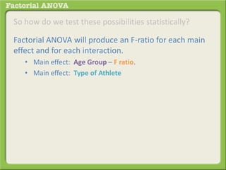 So how do we test these possibilities statistically?
Factorial ANOVA will produce an F-ratio for each main
effect and for each interaction.
• Main effect: Age Group – F ratio.
• Main effect: Type of Athlete
 