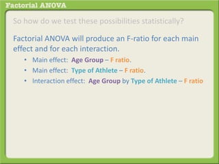 So how do we test these possibilities statistically?
Factorial ANOVA will produce an F-ratio for each main
effect and for each interaction.
• Main effect: Age Group – F ratio.
• Main effect: Type of Athlete – F ratio.
• Interaction effect: Age Group by Type of Athlete – F ratio
 