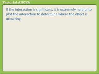 If the interaction is significant, it is extremely helpful to
plot the interaction to determine where the effect is
occurring.
 
