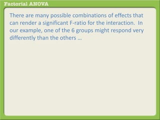 There are many possible combinations of effects that
can render a significant F-ratio for the interaction. In
our example, one of the 6 groups might respond very
differently than the others …
 