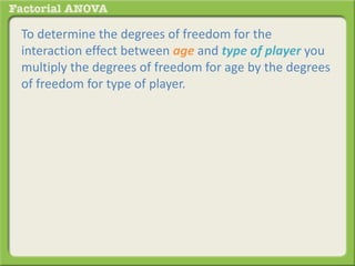 To determine the degrees of freedom for the
interaction effect between age and type of player you
multiply the degrees of freedom for age by the degrees
of freedom for type of player.
 