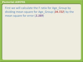 First we will calculate the F ratio for Age_Group by
dividing mean square for Age_Group (34.722) by the
mean square for error (3.389)
 