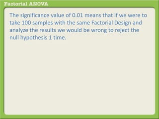 The significance value of 0.01 means that if we were to
take 100 samples with the same Factorial Design and
analyze the results we would be wrong to reject the
null hypothesis 1 time.
 