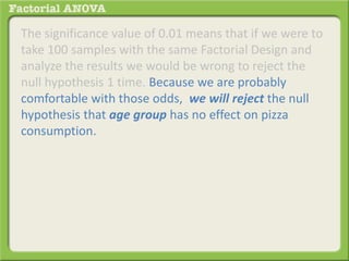 The significance value of 0.01 means that if we were to
take 100 samples with the same Factorial Design and
analyze the results we would be wrong to reject the
null hypothesis 1 time. Because we are probably
comfortable with those odds, we will reject the null
hypothesis that age group has no effect on pizza
consumption.
 