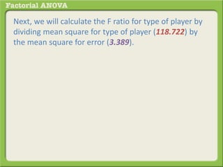 Next, we will calculate the F ratio for type of player by
dividing mean square for type of player (118.722) by
the mean square for error (3.389).
 