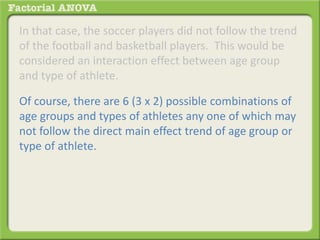 In that case, the soccer players did not follow the trend
of the football and basketball players. This would be
considered an interaction effect between age group
and type of athlete.
Of course, there are 6 (3 x 2) possible combinations of
age groups and types of athletes any one of which may
not follow the direct main effect trend of age group or
type of athlete.
 