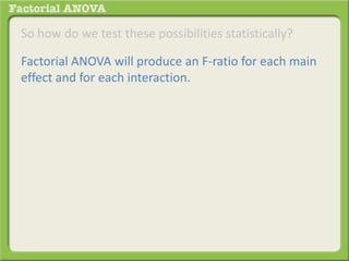So how do we test these possibilities statistically?
Factorial ANOVA will produce an F-ratio for each main
effect and for each interaction.
 