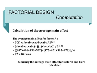 FACTORIAL DESIGN
Computation
Calculation of the average main effect
The average main effect for factor A :
= [-(1)+a-b+ab-c+ac-bc+abc / 2(n-1)
= [ (a+ab+ac+abc) - ((1)+b+c+bc)] / 2(n-1)
= [(487+426+456+522)- (475+421+525+472)] / 4
= 22 x 10-3 cms
Similarly the average main effect for factor B and C are
calculated
 