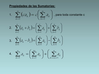 Propiedades de las Sumatorias: 
 
 
n 
   
1. , para toda constante c 
2. 
3. 
4. 
   
 
 
 
k 
  
k 
n 
k 
ca c a 
k 1 1 
   
 
 
 
     
   
 
 
 
  
 
 
 
 
n 
k 
k 
n 
k 
k 
n 
k 
a b a b 
k k 1 1 1 
   
 
 
 
     
   
 
 
 
  
 
 
 
 
n 
k 
k 
n 
k 
k 
n 
k 
k k a b a b 
1 1 1 
 
  
 
 
n 
    
  
 
 
  
 
 
 
 
k m 
    
k 
m 
k 
k 
n 
k 
k a a a 
1 1 1 
 