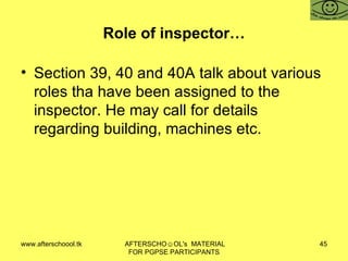 Role of inspector… Section 39, 40 and 40A talk about various roles tha have been assigned to the inspector. He may call for details regarding building, machines etc.  