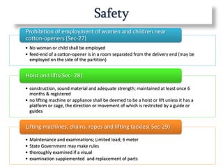 Safety
• No woman or child shall be employed
• feed-end of a cotton-opener is in a room separated from the delivery end (may be
employed on the side of the partition)
Prohibition of employment of women and children near
cotton-openers (Sec-27)
• construction, sound material and adequate strength; maintained at least once 6
months & registered
• no lifting machine or appliance shall be deemed to be a hoist or lift unless it has a
platform or cage, the direction or movement of which is restricted by a guide or
guides
Hoist and lifts(Sec- 28)
• Maintenance and examinations; Limited load; 6 meter
• State Government may make rules
• thoroughly examined if a visual
• examination supplemented and replacement of parts
Lifting machines, chains, ropes and lifting tackles( Sec-29)
 