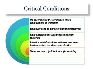 Critical Conditions
No control over the conditions of the
employment of workmen
Employer used to bargain with the employees
Child employment was predominant in
factories
Introduction of machine and new processes
lead to serious accidents and deaths
There was no stipulated time for working
 