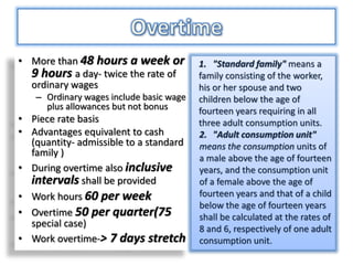 • More than 48 hours a week or
9 hours a day- twice the rate of
ordinary wages
– Ordinary wages include basic wage
plus allowances but not bonus
• Piece rate basis
• Advantages equivalent to cash
(quantity- admissible to a standard
family )
• During overtime also inclusive
intervals shall be provided
• Work hours 60 per week
• Overtime 50 per quarter(75
special case)
• Work overtime-> 7 days stretch
1. "Standard family" means a
family consisting of the worker,
his or her spouse and two
children below the age of
fourteen years requiring in all
three adult consumption units.
2. "Adult consumption unit"
means the consumption units of
a male above the age of fourteen
years, and the consumption unit
of a female above the age of
fourteen years and that of a child
below the age of fourteen years
shall be calculated at the rates of
8 and 6, respectively of one adult
consumption unit.
 