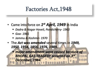 • Came into force on 1st April, 1949 in India
 Dadra & Nagar Haveli, Pondicherry- 1963
 Goa- 1965
 Jammu & Kashmir- 1970
• The Act was amended several times in 1949,
1950, 1954, 1956, 1976, 1989.
 major amendment were caused because of
BHOPAL GAS TRAGEDY occurred on 3rd
December, 1984.
Factories Act,1948
 