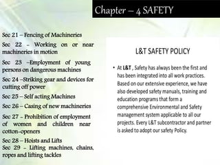 Chapter – 4 SAFETY
Sec 21 – Fencing of Machineries
Sec 22 - Working on or near
machineries in motion
Sec 23 –Employment of young
persons on dangerous machines
Sec 24 –Striking gear and devices for
cutting off power
Sec 25 – Self acting Machines
Sec 26 – Casing of new machineries
Sec 27 - Prohibition of employment
of women and children near
cotton-openers
Sec 28 – Hoists and Lifts
Sec 29 - Lifting machines, chains,
ropes and lifting tackles
 
