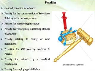 Penalties
 General penalties for offence
 Penalty for the contravention of Provisions
Relating to Hazardous process
 Penalty for obstructing Inspector
 Penalty for wrongfully Disclosing Results
of Analysis
 Penalty relating to casing of new
machinery
 Penalties for Offences by workers &
Parents
 Penalty for offence by a medical
practitioner
 Penalty for employing child labor
 