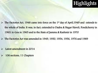 Highlights
 The Factories Act, 1948 came into force on the 1st day of April,1949 and extends to
the whole of India. It was, in fact, extended to Dadra & Nagar Haveli, Pondicherry in
1963, to Goa in 1965 and to the State of Jammu & Kashmir in 1970
 The Factories Act was amended in 1949, 1950, 1954, 1956, 1976 and 1989
 Latest amendment in 2014
 106 sections, 11 Chapters
 