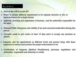 Time of day will be as per IST
 Power to declare different departments to be separate factories or two or
more factories to be a single factory
 National Public Emergency and validity of act and concerned authorities during that
period
 Approval, licensing and registration of factories and the authorities responsible for
the same
 Occupier needs to give notice at least 15 days prior to occupy any premises as
factory
 Inspector and his appointment at different levels and powers lying with those
inspectors to enforce and monitor the proper enforcement of Act
 Certification of Surgeons (Medical Practitioners), processes, regulations and
authorities responsible and authorize to certify
Sec 3 to Sec 10
 