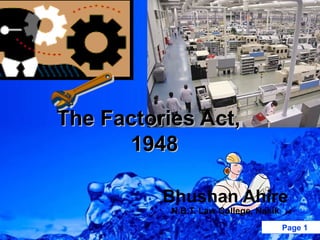 The Factories Act,
      1948

          Bhushan Ahire
           N.B.T. Law College, Nasik
                                       Page 1
 