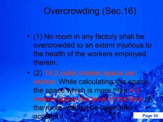Overcrowding (Sec.16)

• (1) No room in any factory shall be
  overcrowded to an extent injurious to
  the health of the workers employed
  therein.
• (2) 14.2 cubic meters space per
  worker. While calculating this space,
  the space which is more than 4.2
  meters above the level of the floor of
  the room. will not be taken into
  account.                           Page 34
 