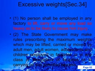 Excessive weights[Sec.34]

• (1) No person shall be employed in any
  factory to lift, carry or move any load so
  heavy as to be likely to cause him injury.
• (2) The State Government may make
  rules prescribing the maximum weights
  which may be lifted, carried or moved by
  adult men, adult women, adolescents and
  children employed in factories or in any
  class or description of factories or in
  carrying on any specified process. Page 62
 