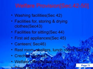 Welfare Provision[Sec.42-50]
• Washing facilities(Sec 42)
• Facilities for, storing & drying
  clothes(Sec43)
• Facilities for sitting(Sec 44)
• First aid appliances(Sec 45)
• Canteen( Sec46)
• Rest room, shelters, lunch room( Sec 47)
• Creches (Sec 48)
• Welfare Officers(Sec 49)
                                     Page 71
•
 