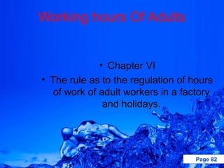 Working hours Of Adults


              • Chapter VI
• The rule as to the regulation of hours
   of work of adult workers in a factory
               and holidays.




                                    Page 82
 