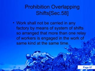 Prohibition Overlapping
          Shifts[Sec.58]
• Work shall not be carried in any
  factory by means of system of shifts
  so arranged that more than one relay
  of workers is engaged in the work of
  same kind at the same time.




                                    Page 87
 